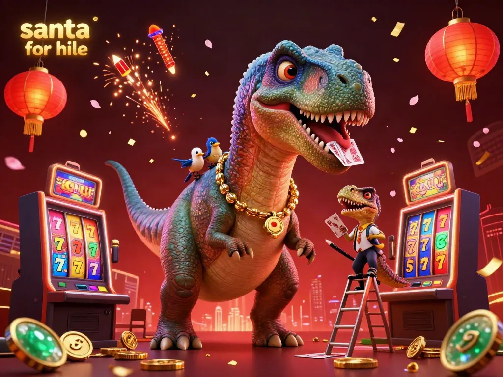 Experience the excitement of Santa for hire with a vibrant casino-themed digital art featuring a brontosaurus.