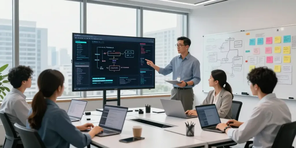 Collaboration in enterprise AI development with diverse data scientists in a professional workspace.
