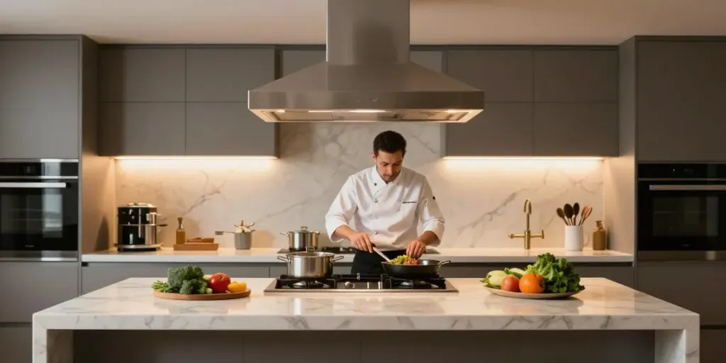 Chic modern kitchen with island cooker hood and chef preparing meal.