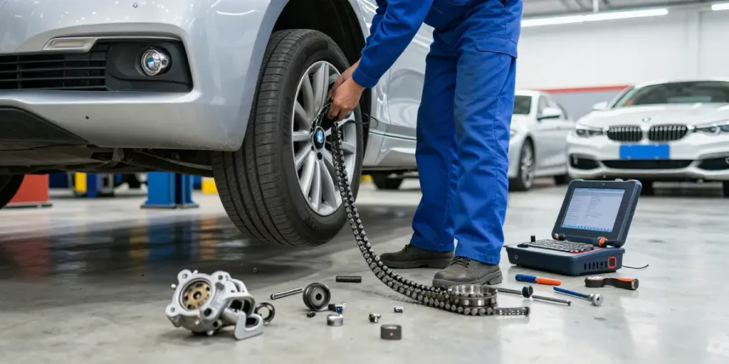 Mechaniker wechselt die BMW Steuerkette in einer Werkstatt in Hannover.