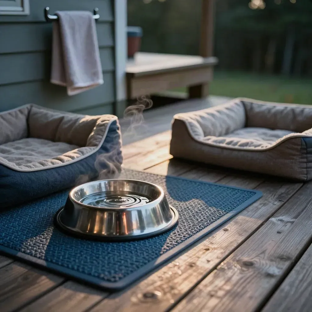 Cabin porch dog bowl rippling beside a mat and bed in cool evening air.