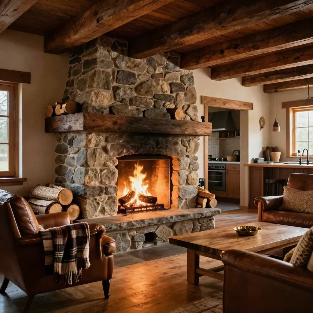 Stone hearth lodge living room glowing with embers, firewood, beams, and a plaid throw.