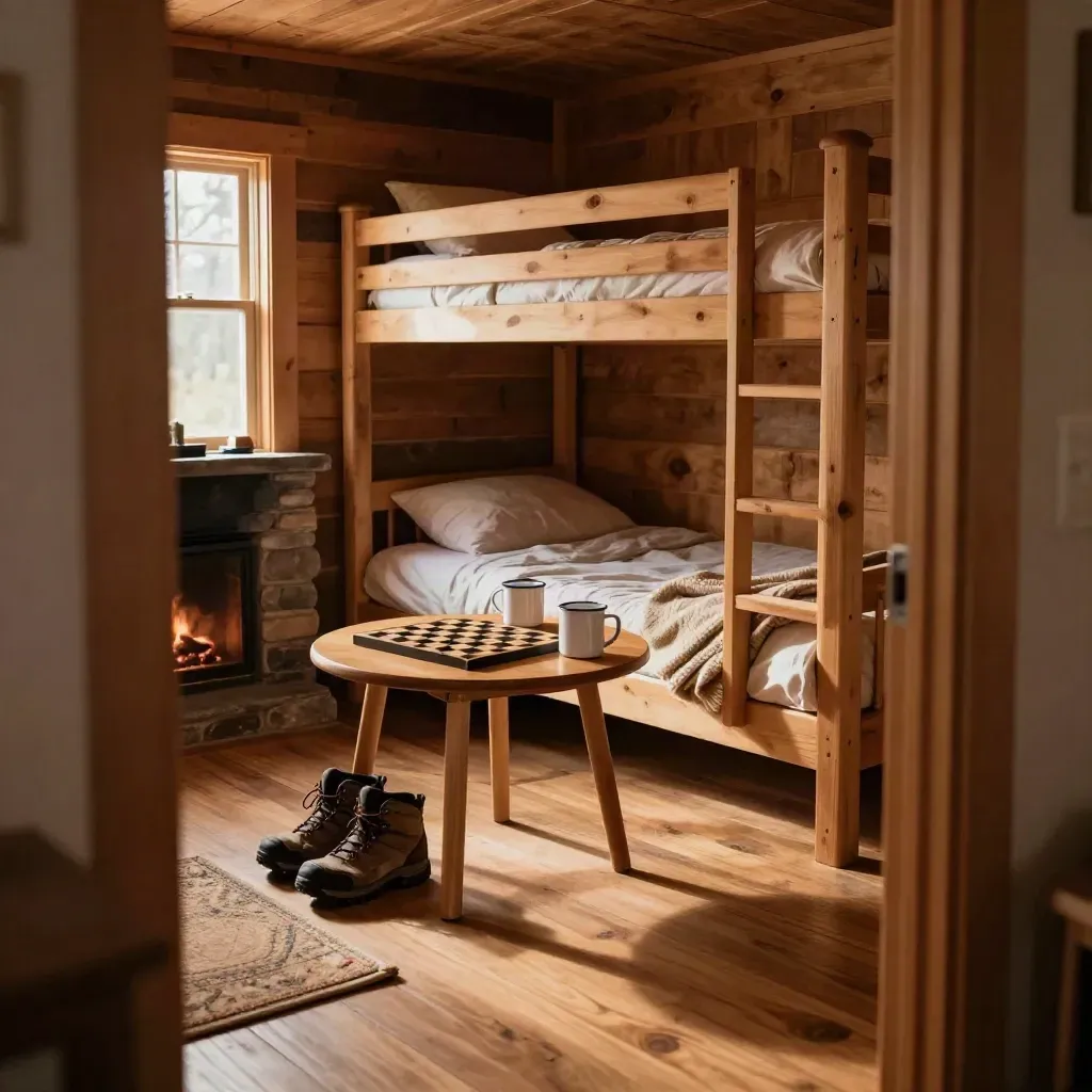 Cabin great room with bunk beds, game table, mugs, and boot tray glowing by a soft hearth.