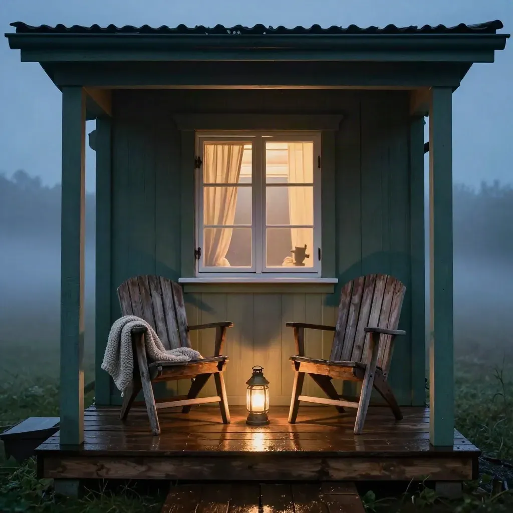 Moody couples cabin porch with two chairs, knit throw, lantern, and misty open window at dusk.