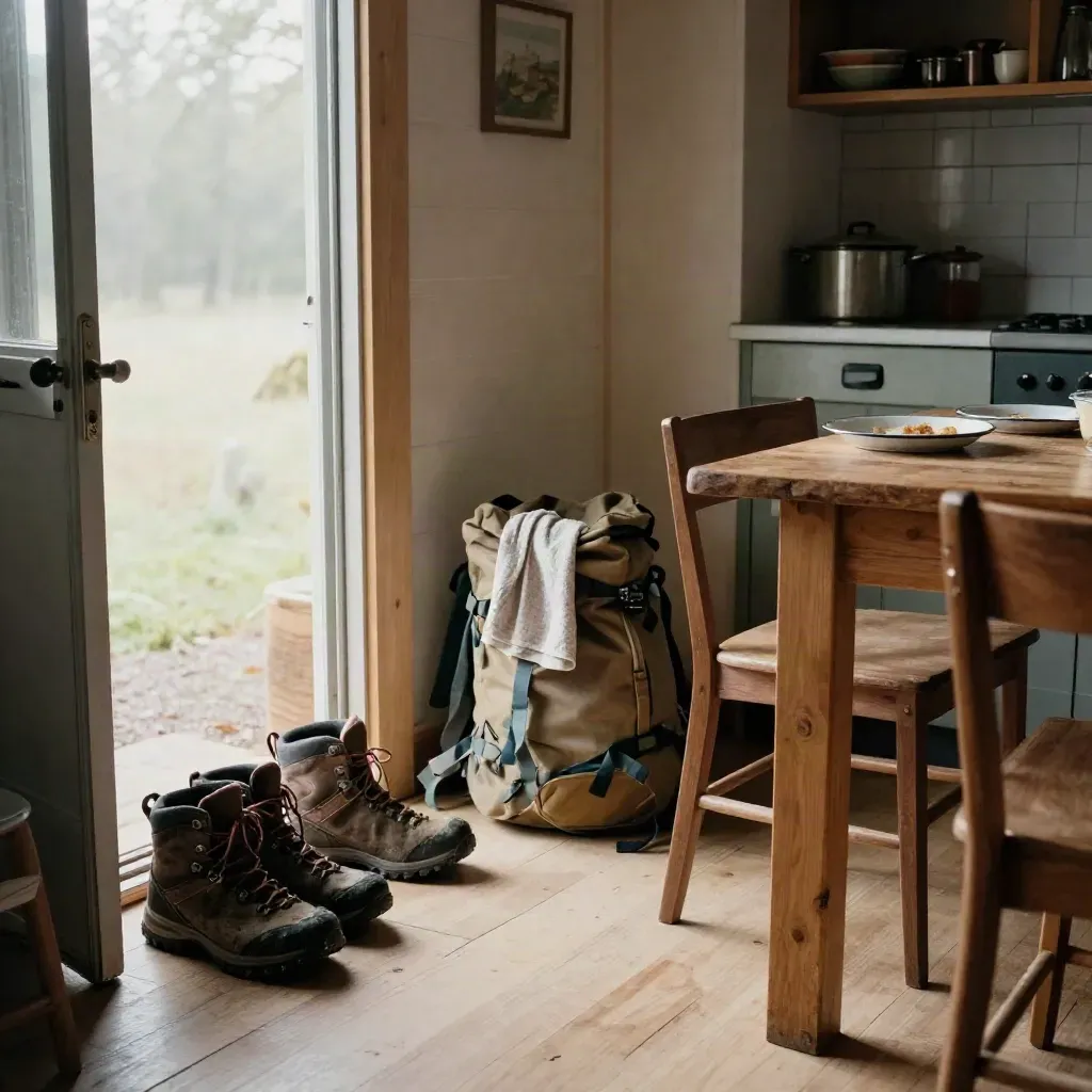 Boots, breakfast plates, and trail packs in a quiet cabin kitchen at sunrise.