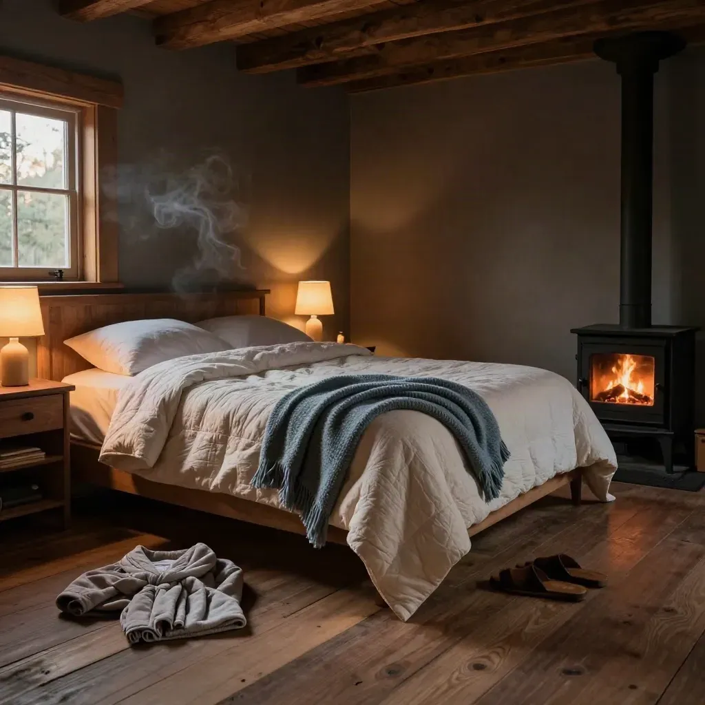 Cozy cabin bedroom with made bed, glowing stove, lamp, and soft dusk light.