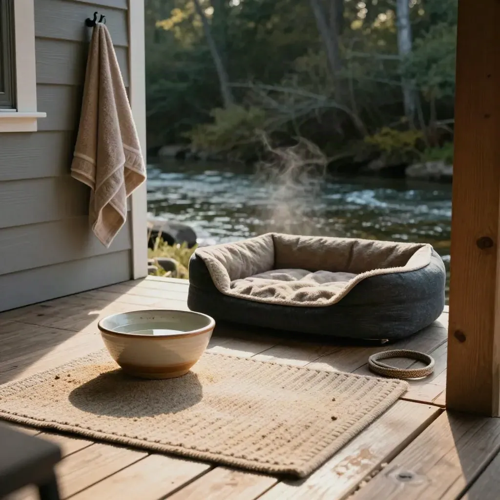 Creekside cabin porch with dog bed, water bowl, towel hook and clean mat in soft daylight.