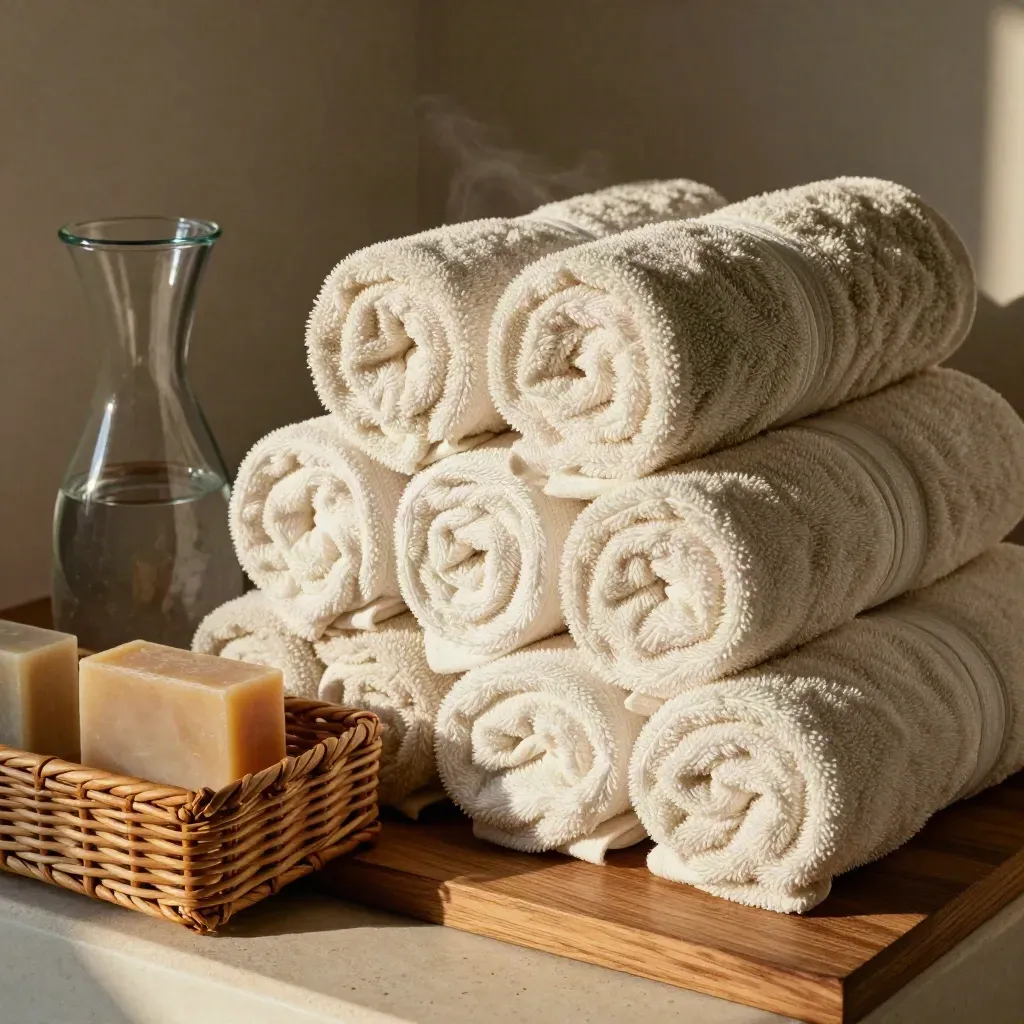 Rolled cream towels, pine soap bars and a glass carafe in a wicker amenity tray, top-down close-up.