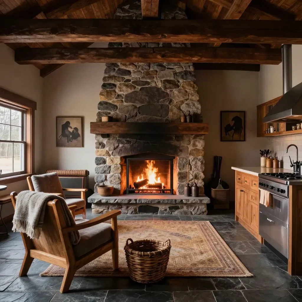 Stone lodge fireplace glowing beside chairs, blankets, and a kitchen edge in a cozy cabin interior.