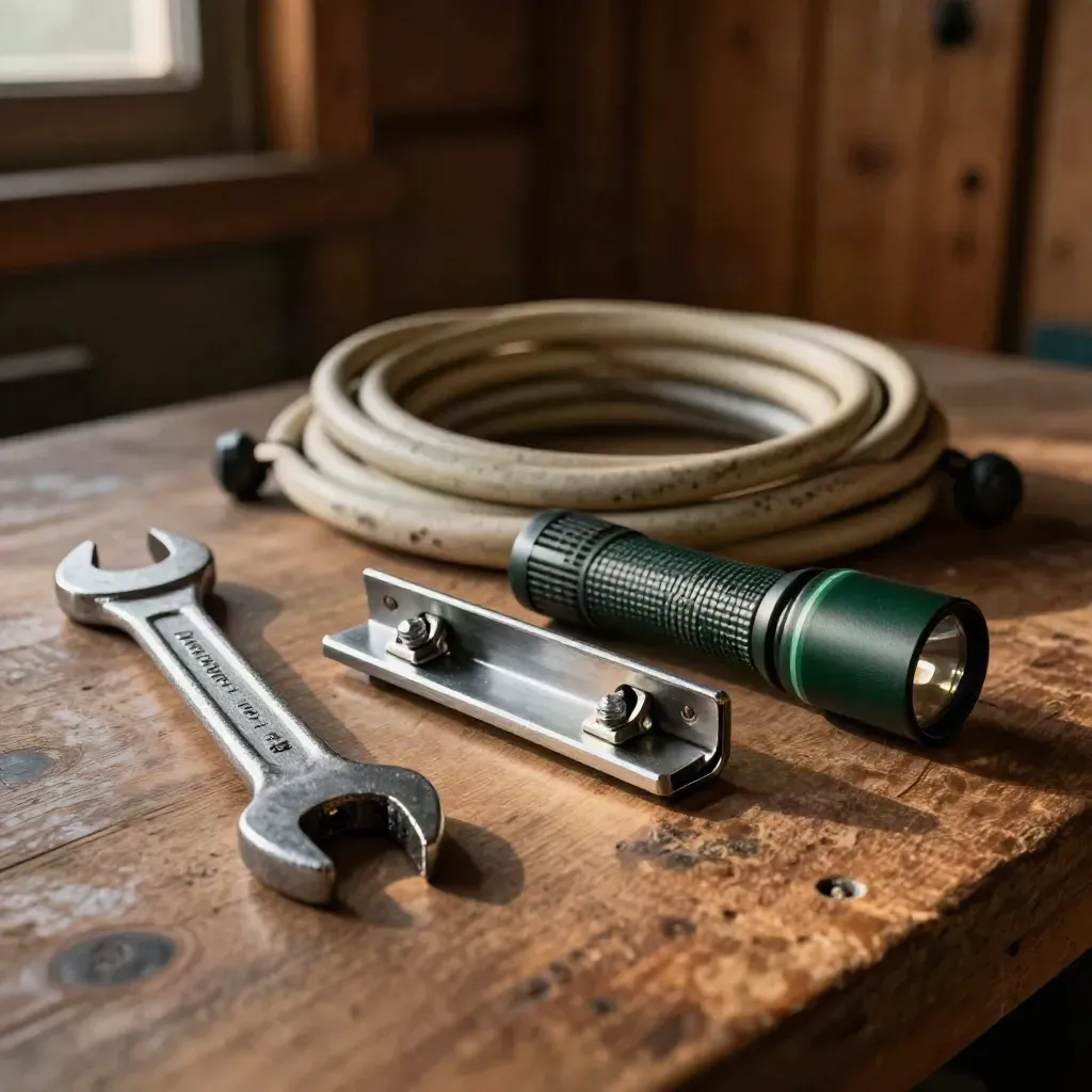Cabin maintenance tools on a workbench with latch hardware, wrench, flashlight and coiled cord.