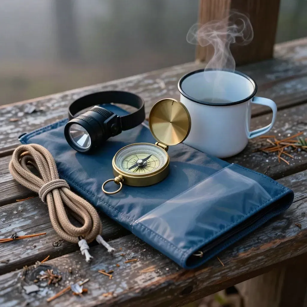 Trail compass, headlamp, boot laces and map case on a cedar bench at dawn, with steam rising.