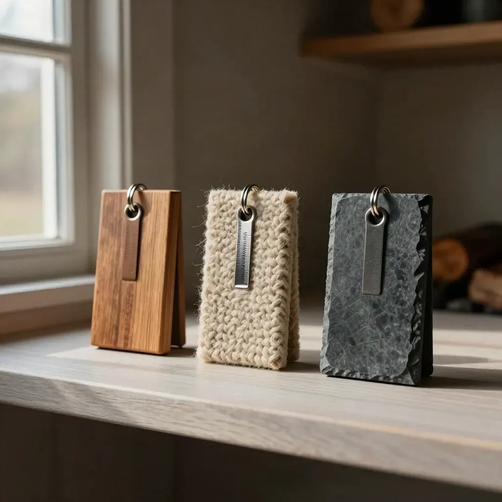 Three cabin key fobs with cedar, wool, and slate swatches on a pale wood shelf
