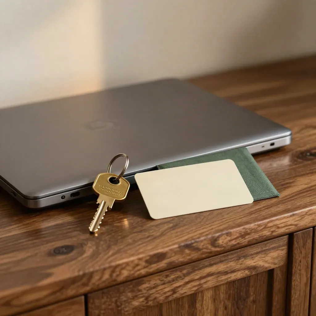 Closed laptop, brass key ring and blank card on a walnut console in soft lodge light.