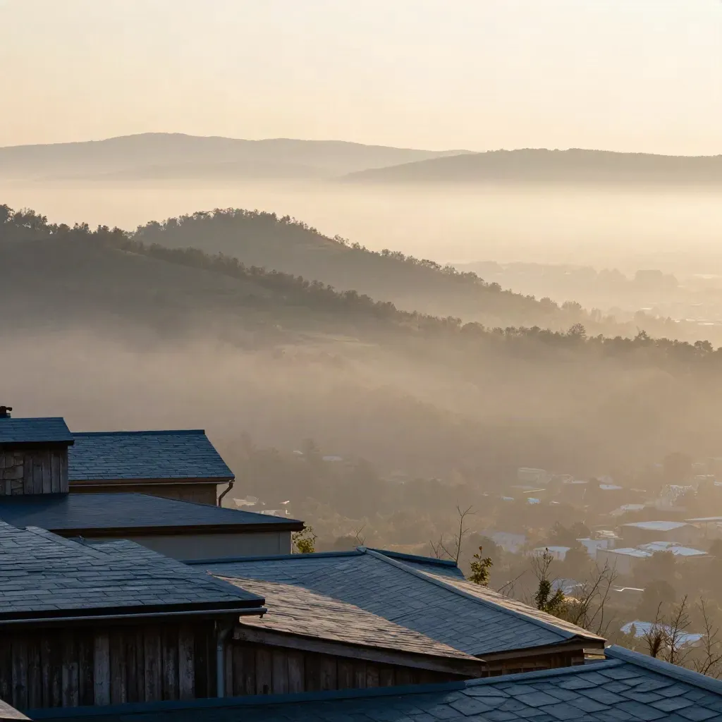 Misty Asheville ridge at sunrise above soft valley rooftops and a distant city edge