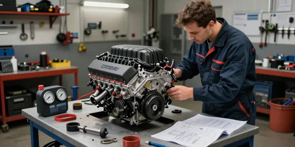 Hellcat engine for sale displayed in a professional workshop with tools and blueprints.