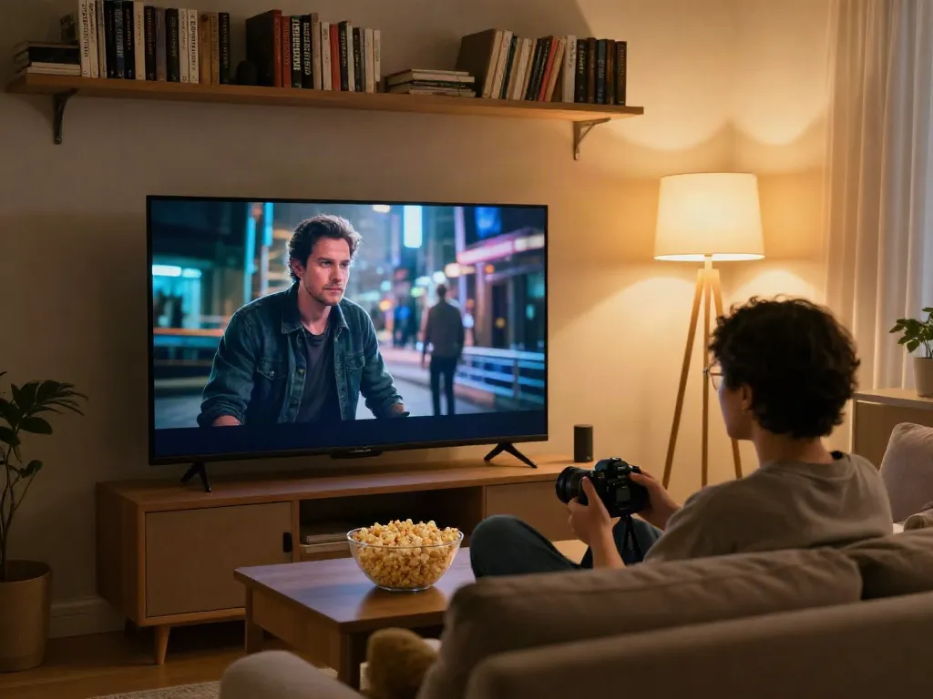 Home movie night with ZoeChip streaming setup, cozy atmosphere, snacks, and TV