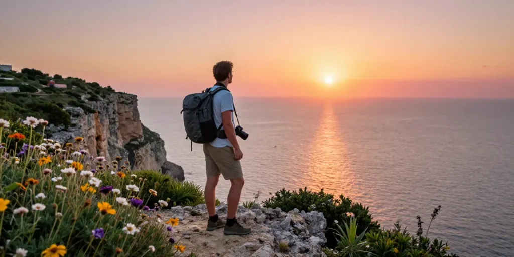 Gozo tours featuring a traveler at sunset overlooking the Mediterranean Sea, capturing adventure and natural beauty.