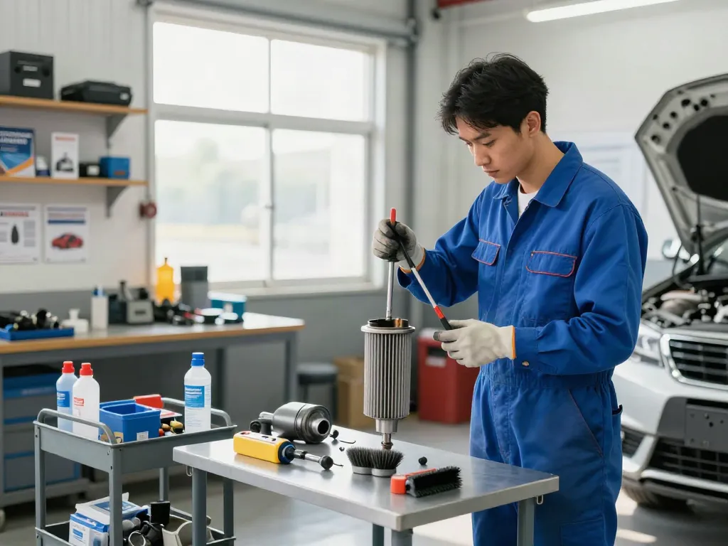 Mechaniker reinigt DPF in einer gut beleuchteten Auto-Werkstatt mit professionellem Werkzeug.