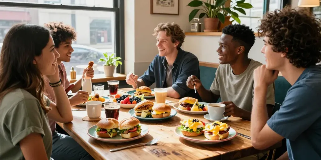 Best brunch Austin with friends enjoying NYC-inspired breakfast sandwiches at a cozy café.