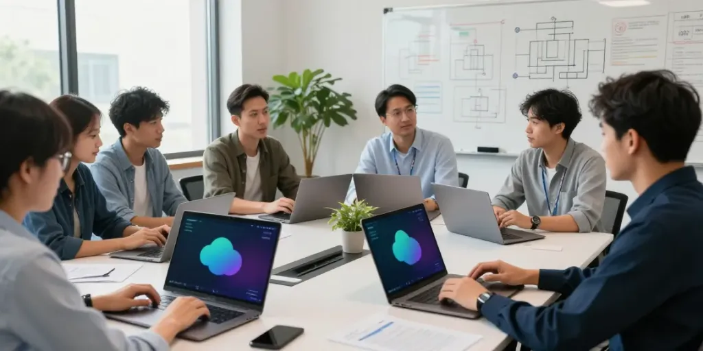 A collaborative team meeting for azure cloud management services with engineers analyzing data and discussing strategies.