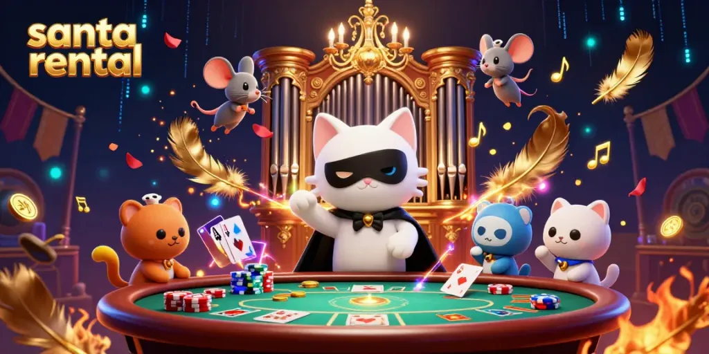 Santa rental scene featuring a casino-themed phantom cat and mouse, capturing the festive spirit.
