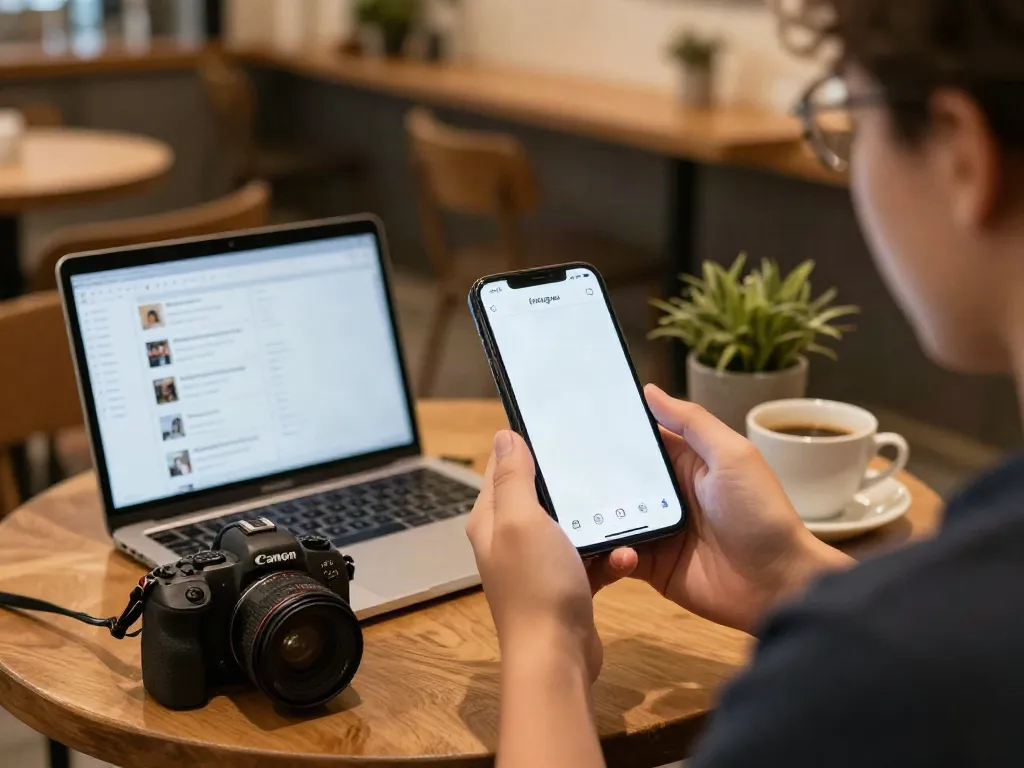 Anonymous Instagram story viewing on smartphone highlighting insanony features in cozy coffee shop setting.